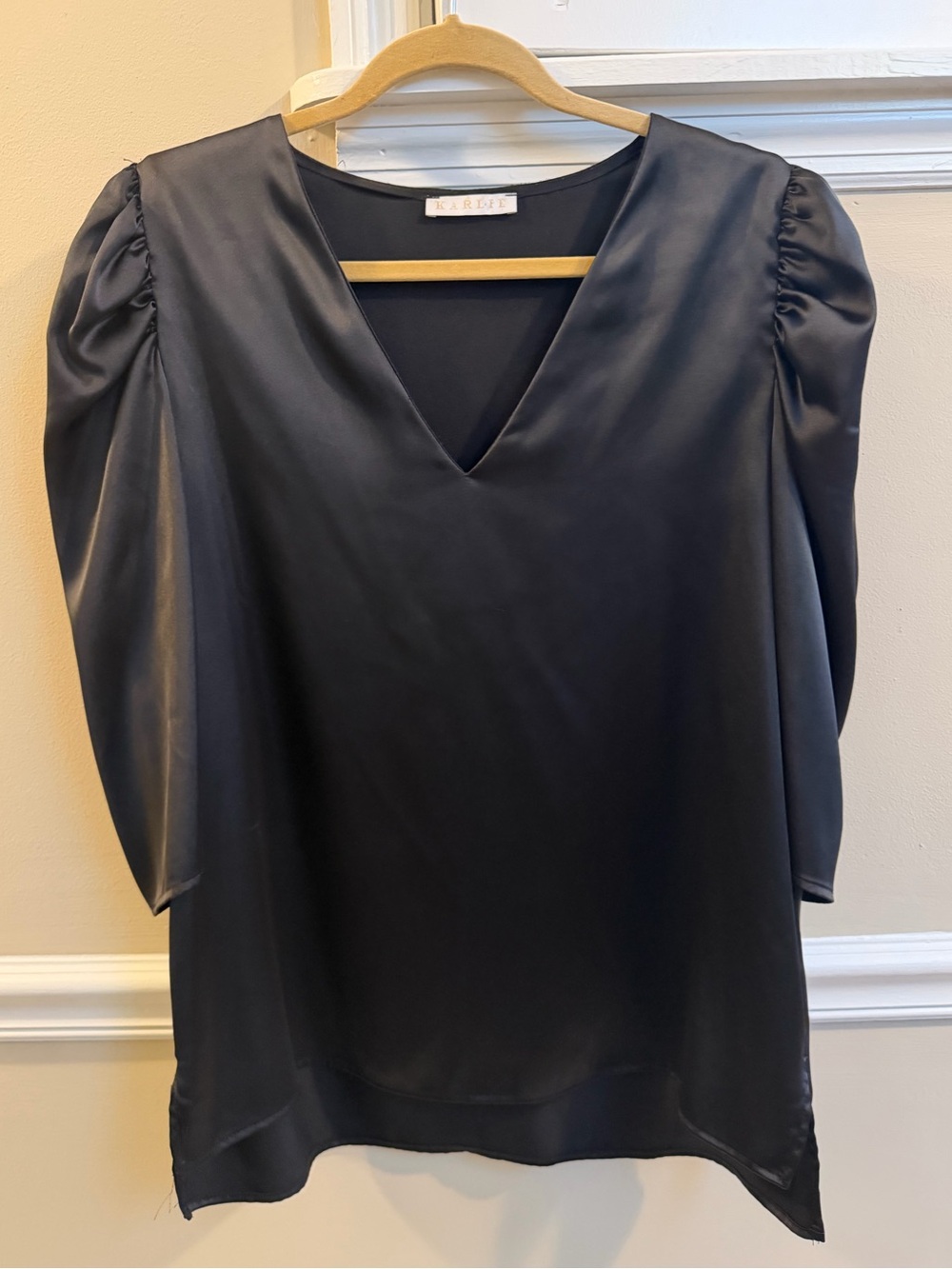 Karlie Black Satin V-Neck Puff-Sleeve Blouse